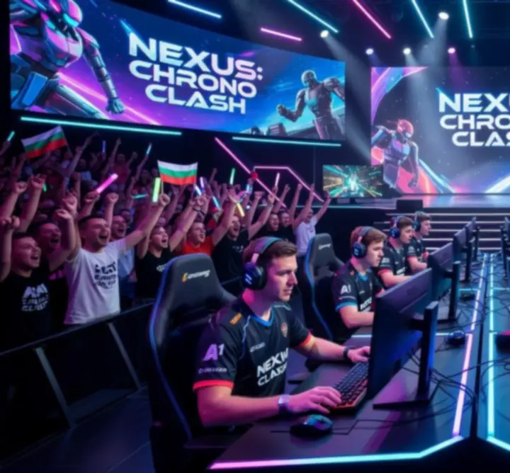 Esports турнирна сцена с голям екран и ново мултиплейър заглавие на релийз