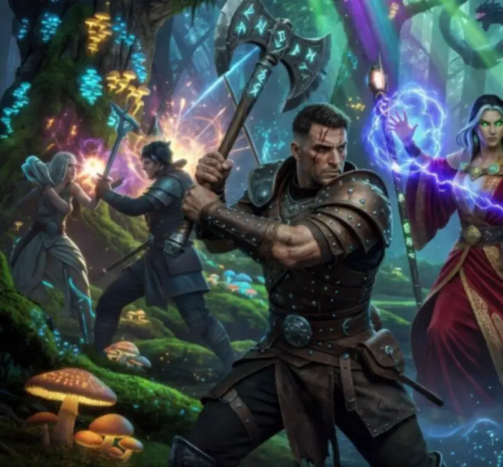 Фентъзи RPG сцена с могъщи герои и магически пейзаж, вдъхновен от България
