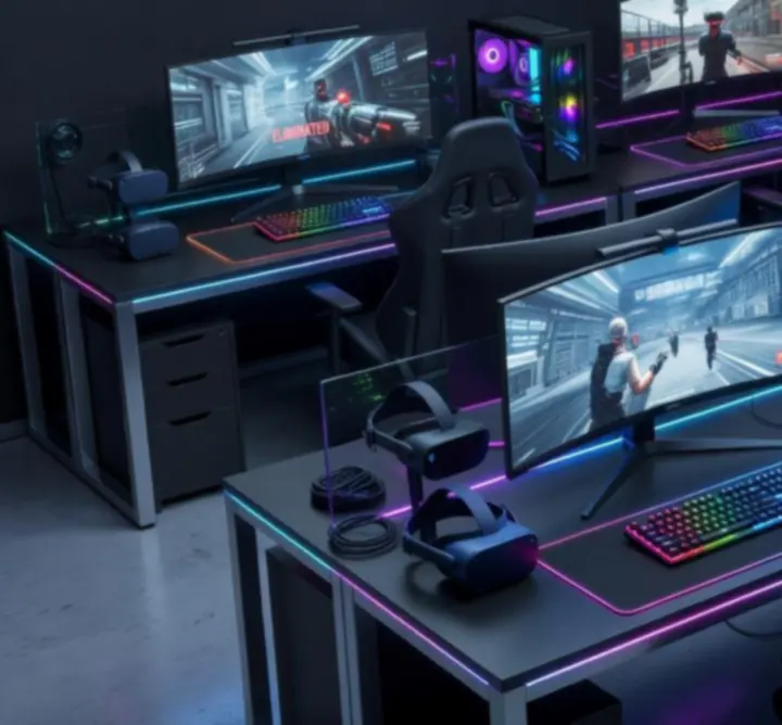 Футуристично гейминг PC с RGB осветление и няколко монитора
