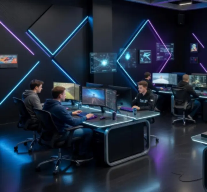Модерен гейминг нюзрум с монитори, показващи гейминг новини и esports турнири